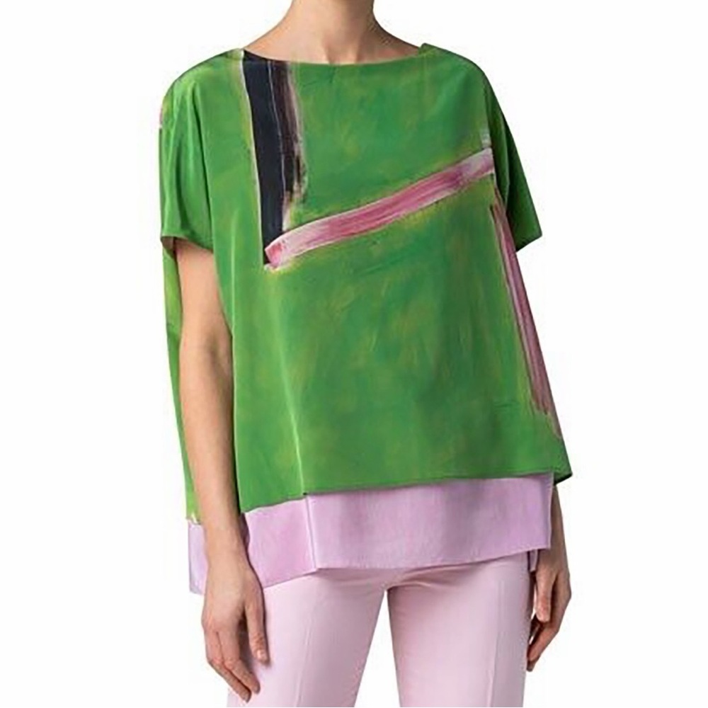 Akris Pure Green Print Underlayer Oversized Silk Blouse Top Stripe Paint Pink 8